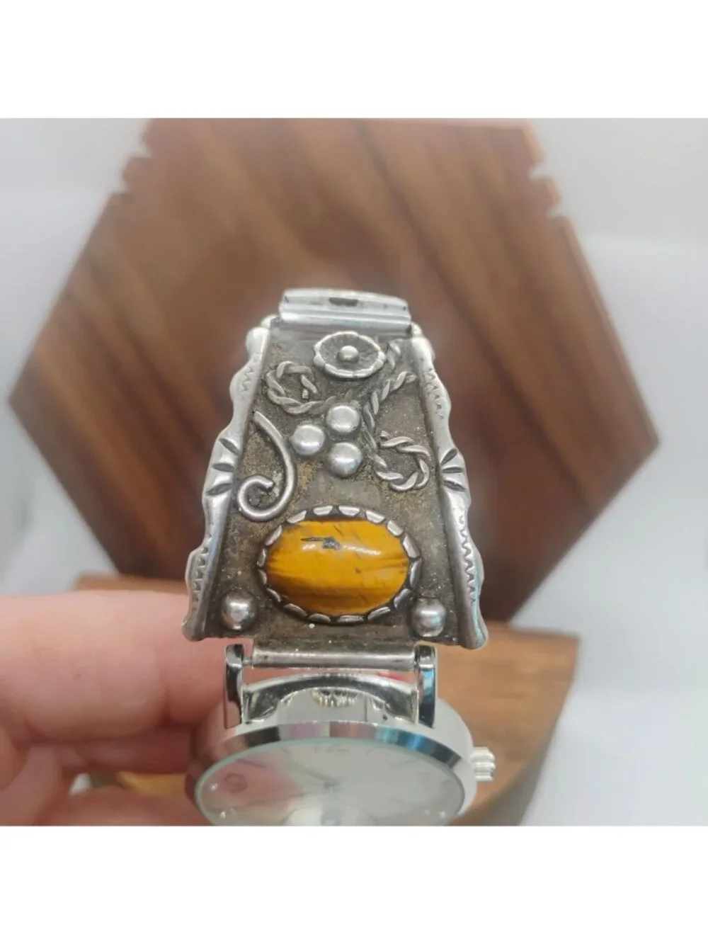 VTG Old Pawn Navajo Sterling Silver Tiger's Eye Watch Tips & Working Watch